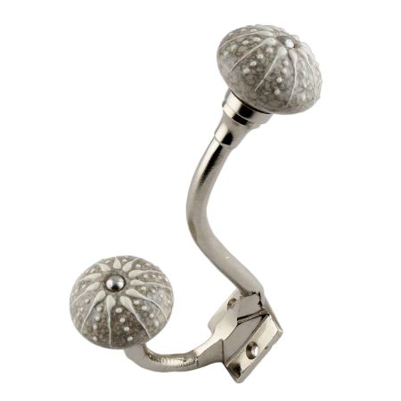 White Intricate Design Embossed Ceramic Crackle Silver Iron Hook
